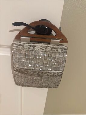 Expressions Silver Beaded Clutch with Wooden Handle